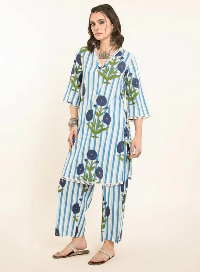 WineRed طقم نسائي قطني مطبوع بالزهور مخطط بالأبيض